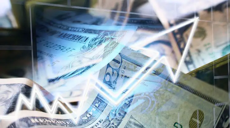 neon arrow pointing up with cash in the background