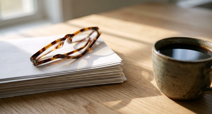 Reading glasses resting on a stack of papers beside a cup of black coffee on a sunlit desk